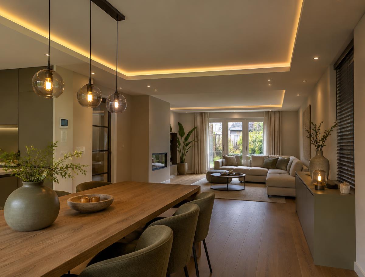 Inspiratiebeeld van een verlaagd plafond met warme LED-verlichting en spotlights